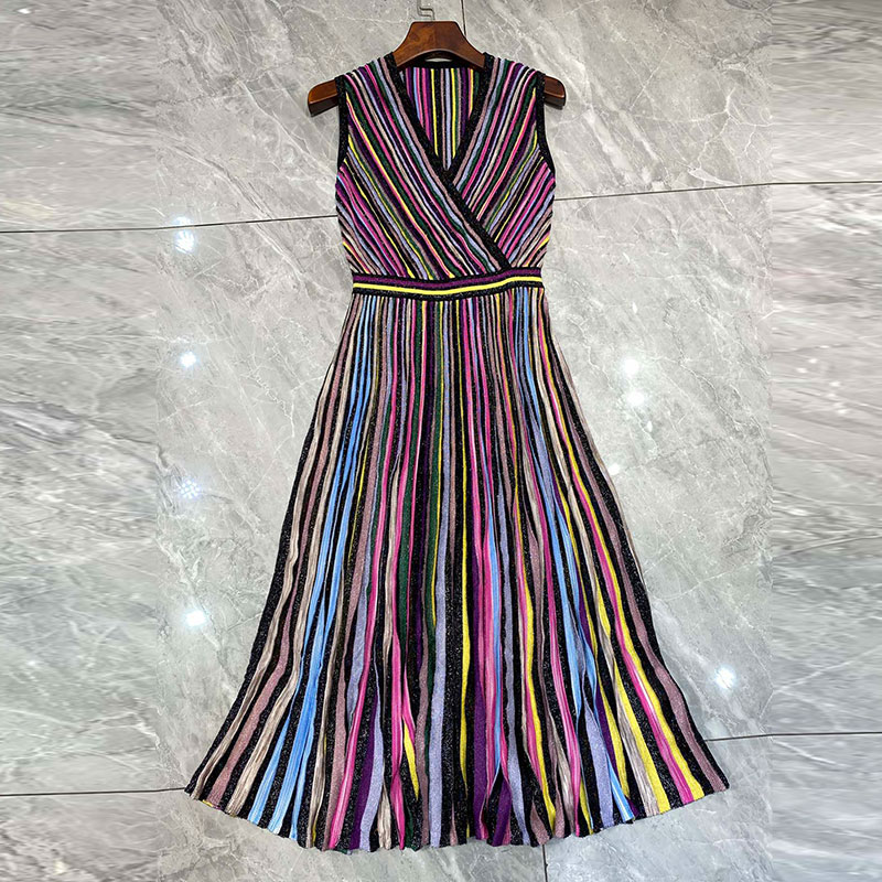 Designer New Women's Sequin Maxi Vest Dresses Summer Fashion Runway V-Neck Waist-Defining Striped Gown Two Colors Elegant Classic Luxury Clothes 