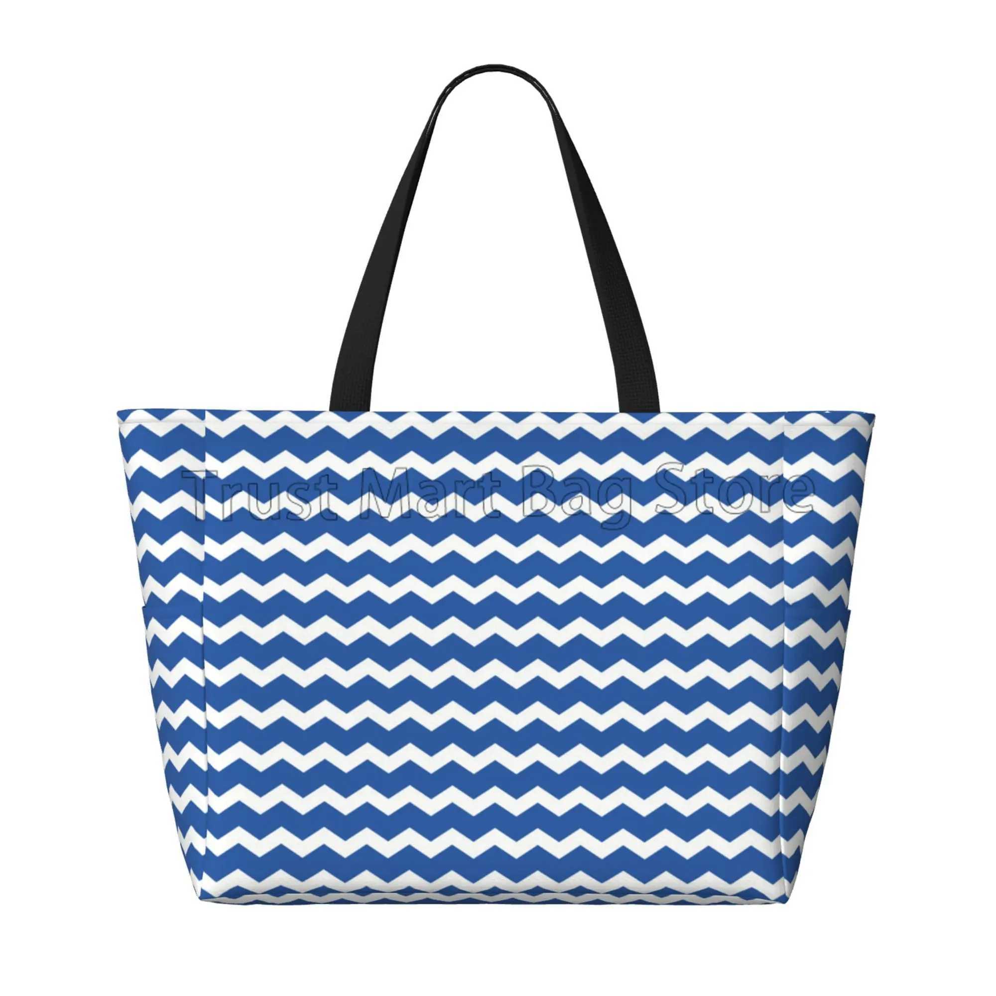 Blue Stripes Large Waterproof Beach Bag for Women Sandproof Tote Bag Pool Bag with Zipper and Pockets for Travel Gym B250618
