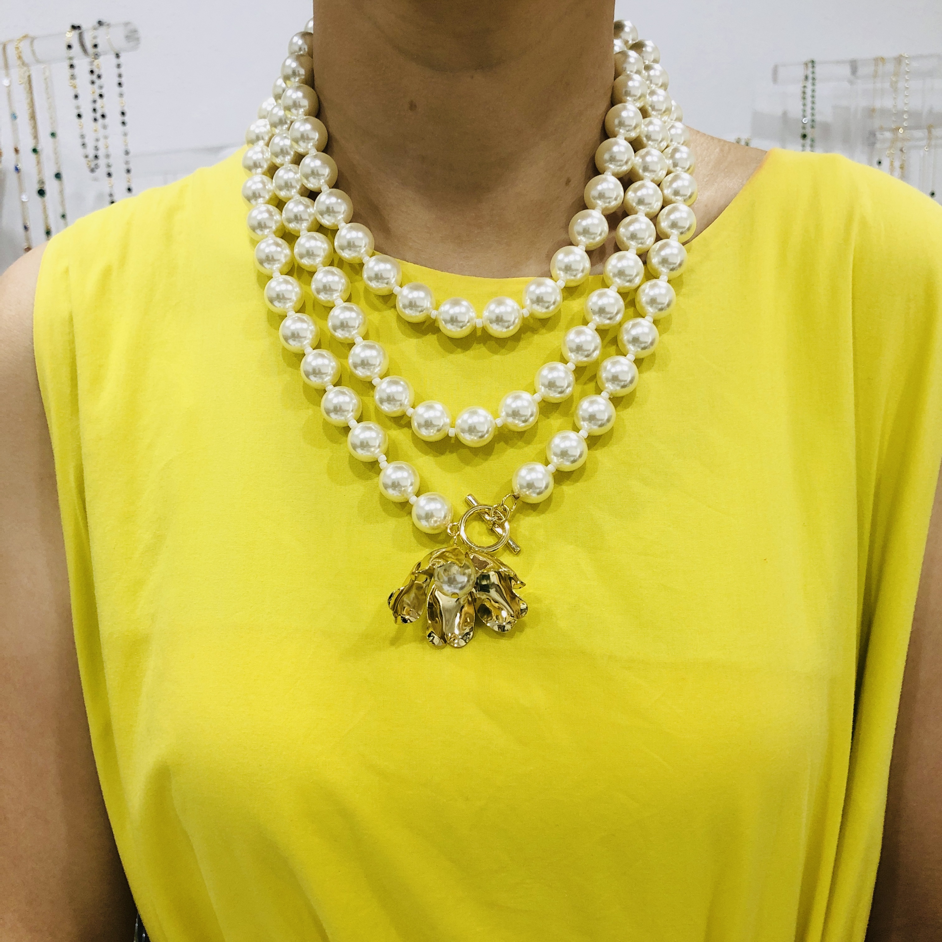 ADITA Long pearl necklace, 120cm, stainless steel metal flower, flowers can be adjusted to bloom. High quality necklace that never fades premium gifts