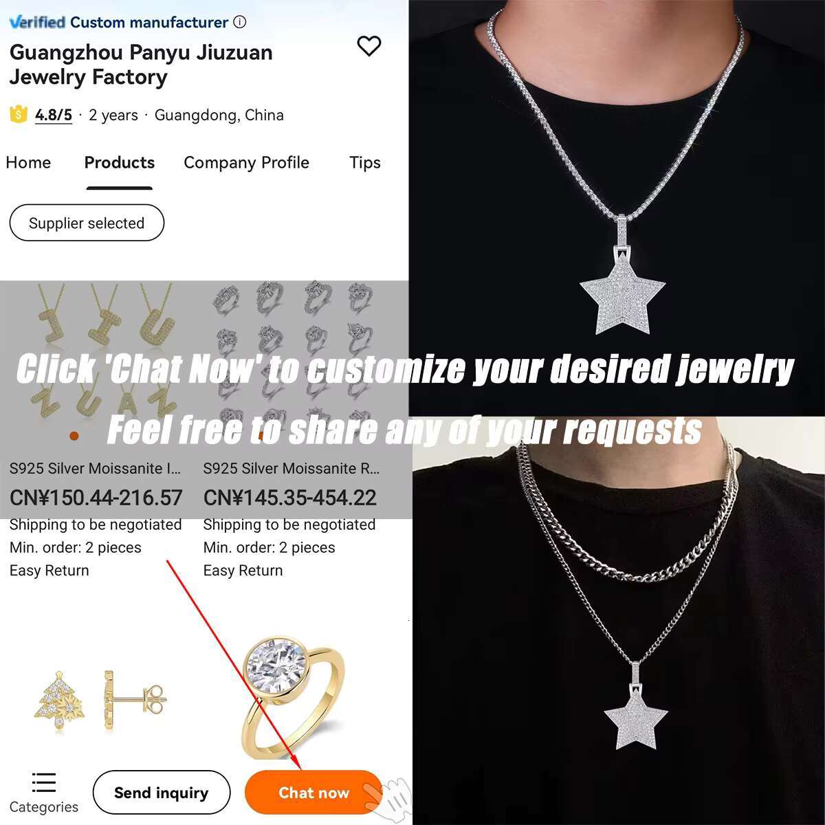 1pc Moissanite Pendant Necklace Star Shape Hip Hop Style 925 Sterling Silver Platinum Plated Full Moissanite Pave Party Jewelry