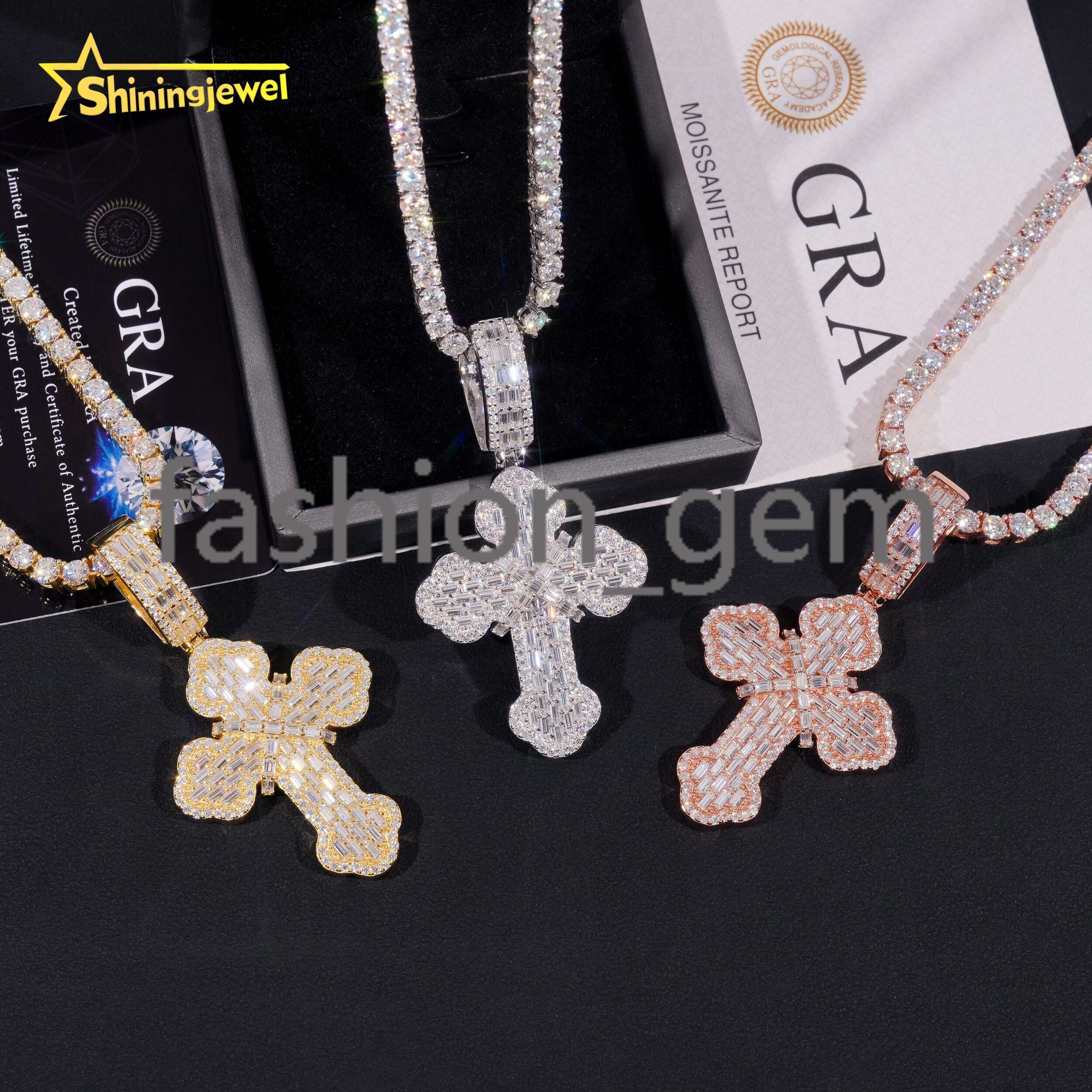 New Design Hip Hop Cross Baguette Moissanite Pendant S925 Gold Plated Moissanite Pass Diamond Test Pendant Ready to Ship