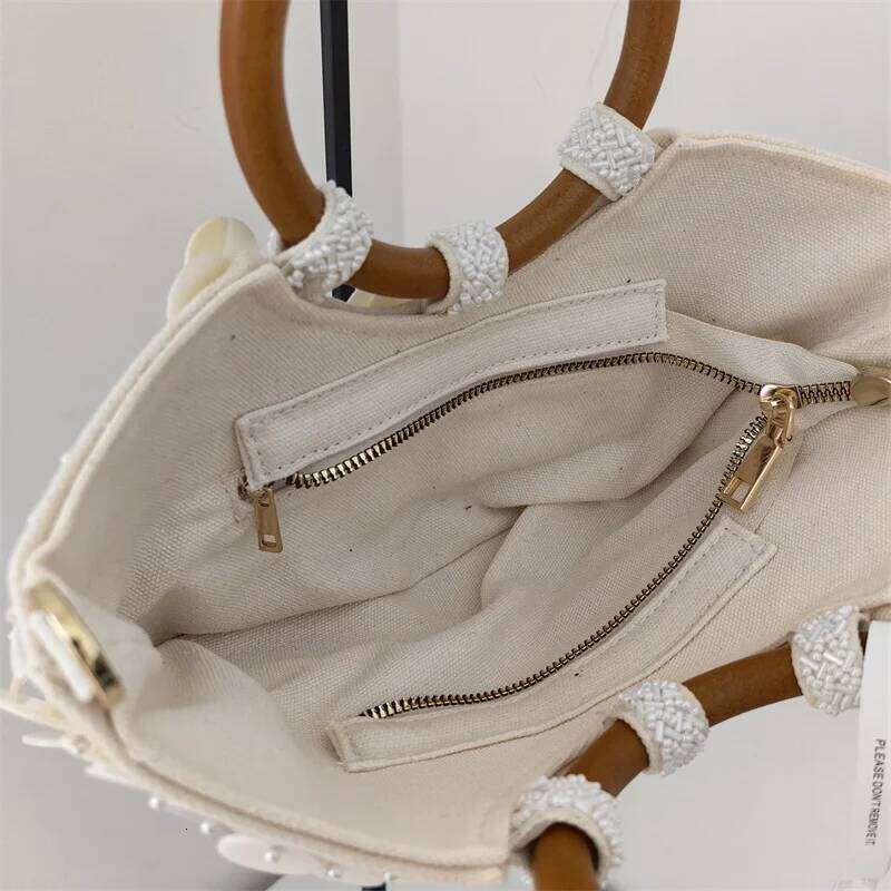 Handmade Handbags Fashion Wooden Circular Handle Women's Natural Shell Beaded Luxurious Design Summer Beach Tote Bag
