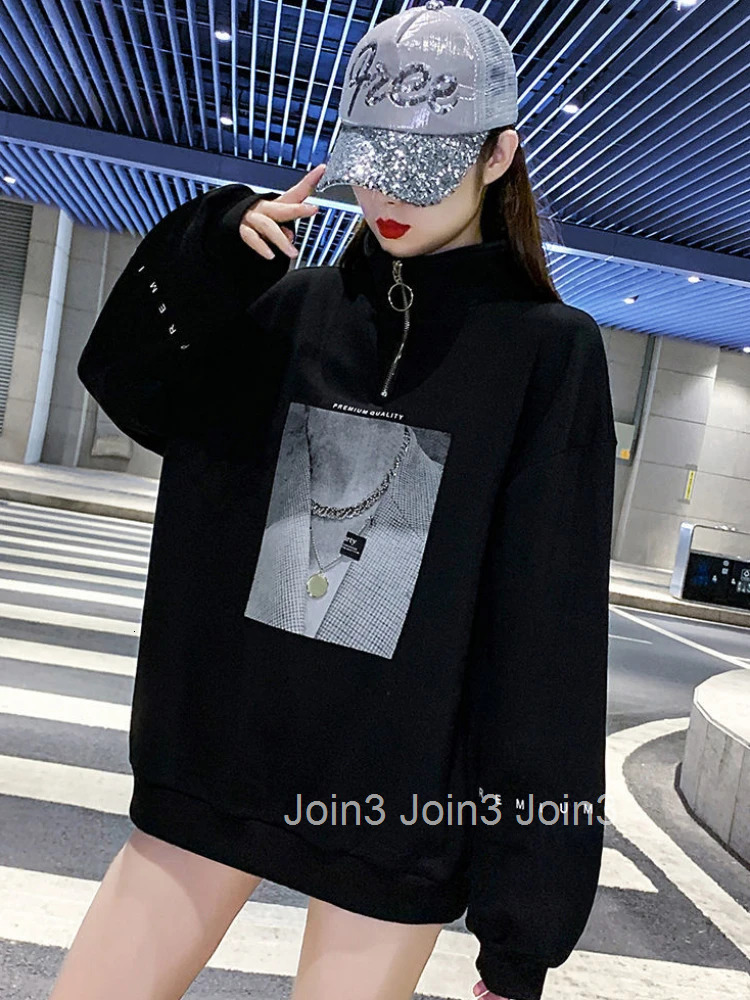 Full Zip Up Black Sweatshirts for Women with Zipper Pullovers Female Clothes Orint on Sport Long Sleeve Kpop Essential M E Tops