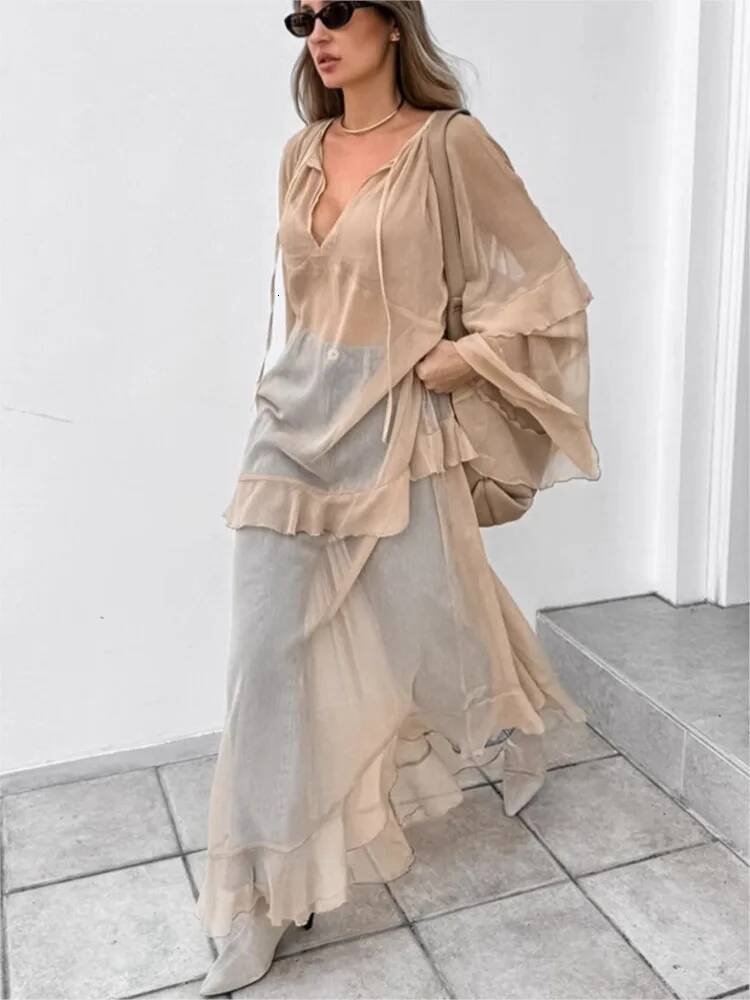 Fashion Ruffle Edge Dress Women Summer 2025 New Khaki Batwing Sleeve Loose Sun Protection Cover Long Dresses Female High Street