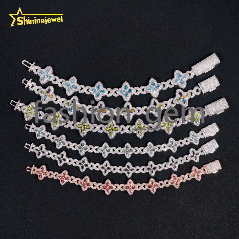 Hot Sale Fine Jewelry Hip Hop Color Diamond 925 Sterling Silver Iced Out Clover Moissanite Bracelet