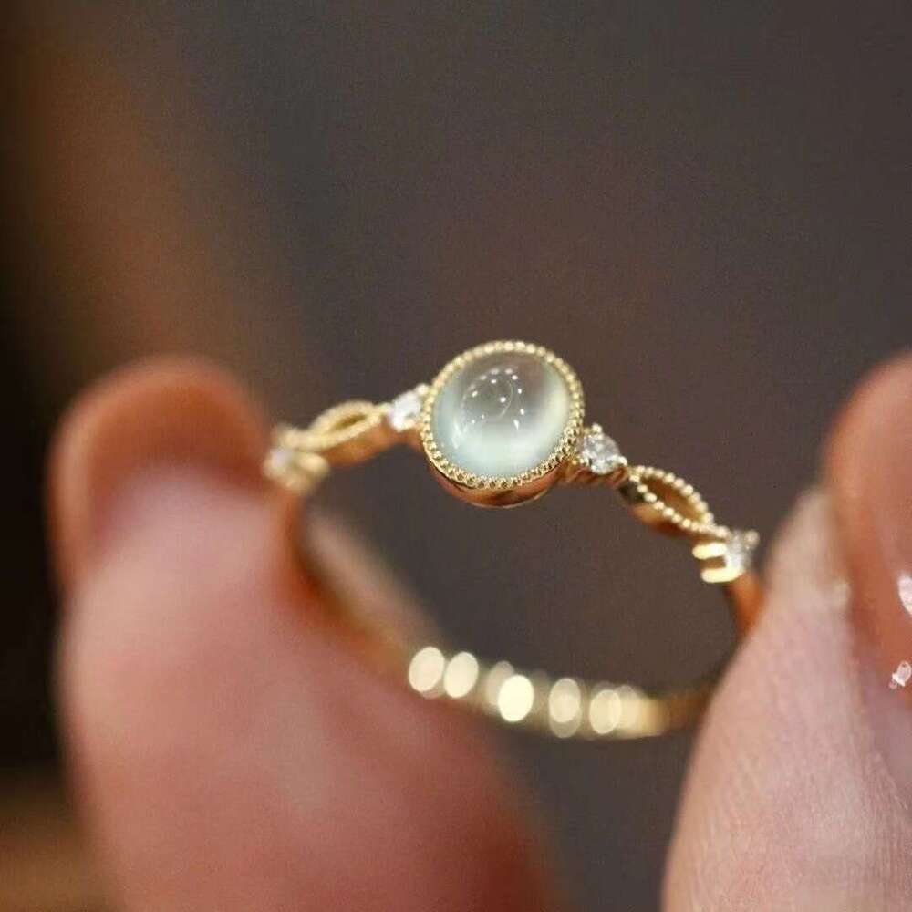 New Trendy Live Streaming Imitation Ice Jade Natural Chalcedony Inlaid with Small Diamond Dewdrop Open for Women Light Luxury Simple Ring