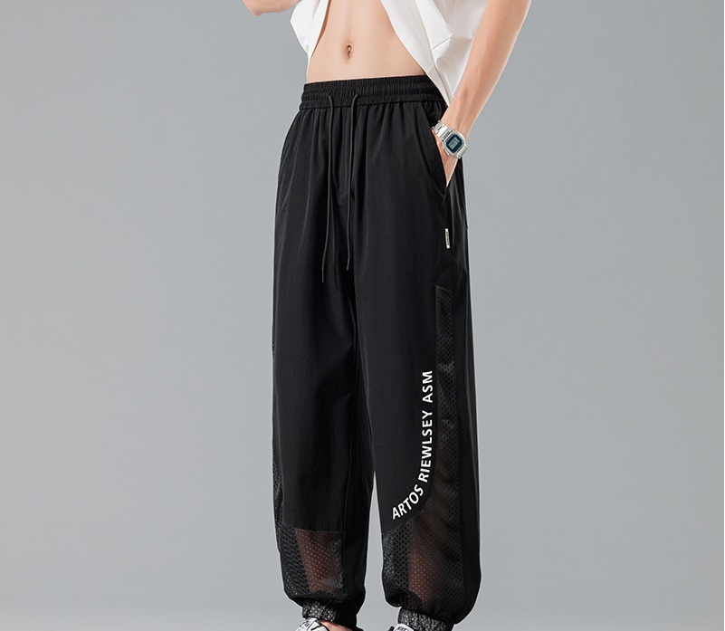Men's Ice Silk Mesh Hollow Casual Pants - Summer Thin Streetwear Plus Size: Loose Ankle-Tied Breathable Sports Long Trousers