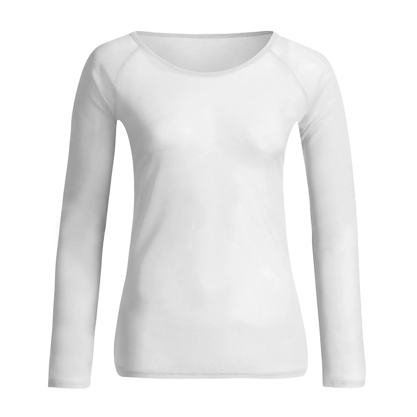 Mesh See Through Womens Shirts Long Sleeve Seamless Top Shirts And Blouses Summer Round Neck Transparent Bottom Shirts Tops 250618