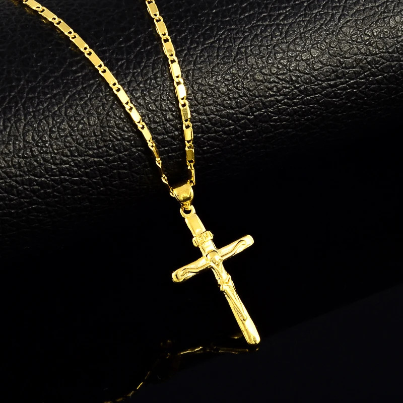 24K Gold Necklace Cross Pendant Gold Plated Necklace Mens Womens Jewelry Gift 45CM/50CM250616