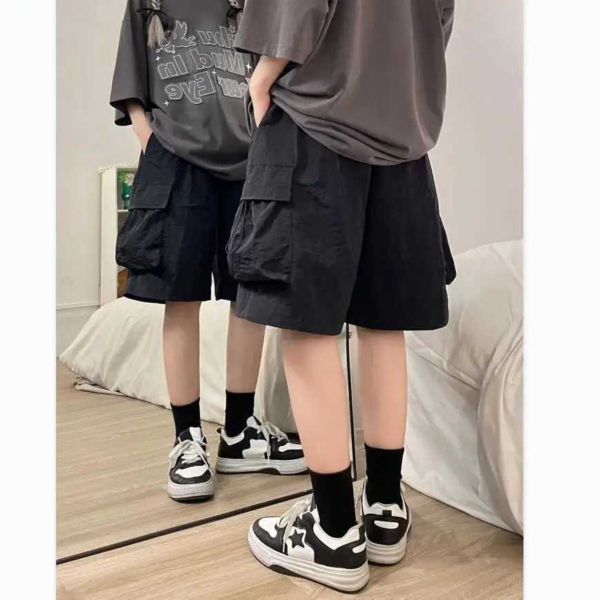 Mens Fashion New Elastic Waist Pocket Ice Silk Sports Casual Loose Five-part ShortsXJ250618
