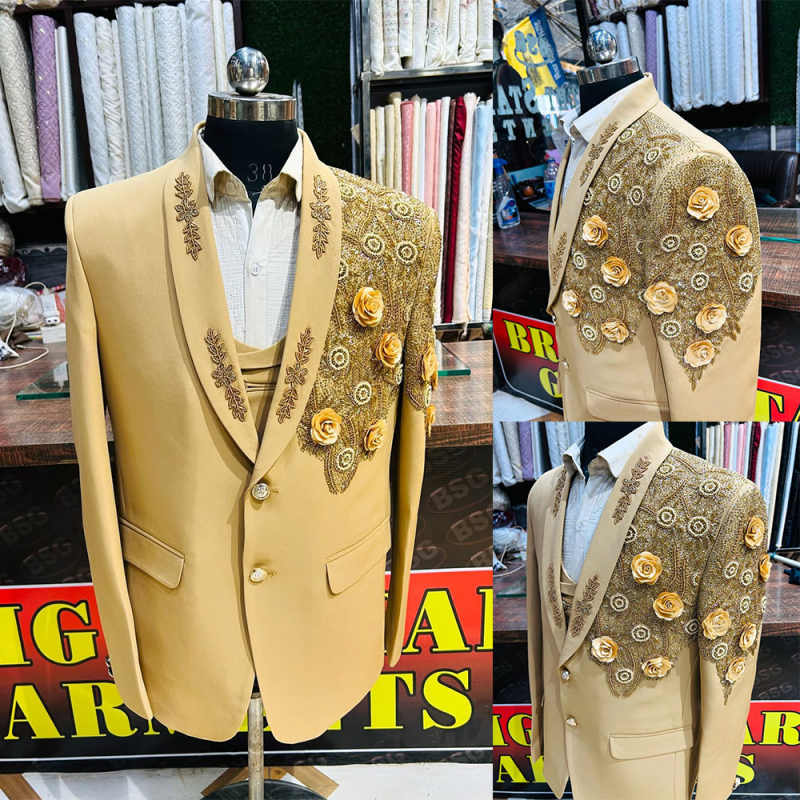 Hand Made Flowers Men Pants Suits Shawl Lapel Beading Groom Wedding Party Tuxedos Male Costumes Homme Black Pants Customized