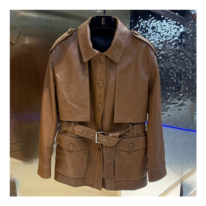 Spring new Hong Kong style locomotive leather windbreaker, genuine leather sheepskin fashionable lace up mid length leather suit top