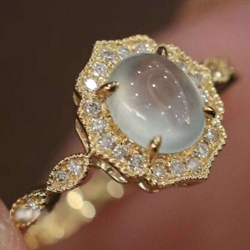 New High-End Romantic White Chalcedony Same Style Open Luxury Inlaid with Cabochon Ice Type Versatile Ring