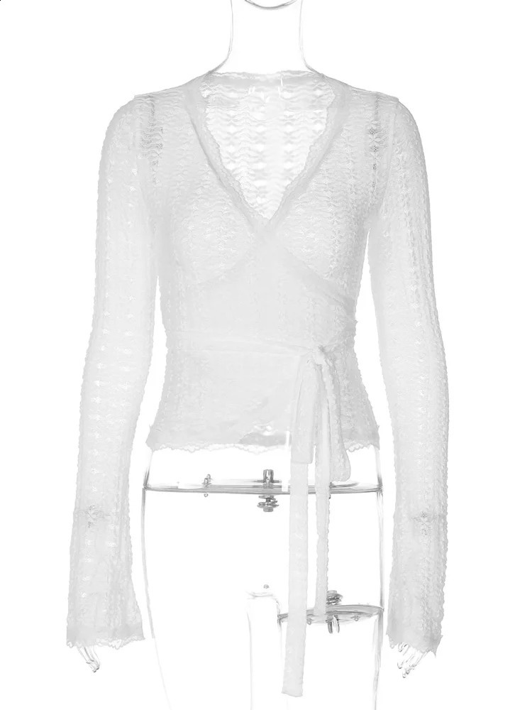 Tossy Bandage Hollow Out V-Neck T-shirt Top Womens Bandage Long Sleeve See-Through Sexy Casual Pullover Female Printed Tee Top 250614