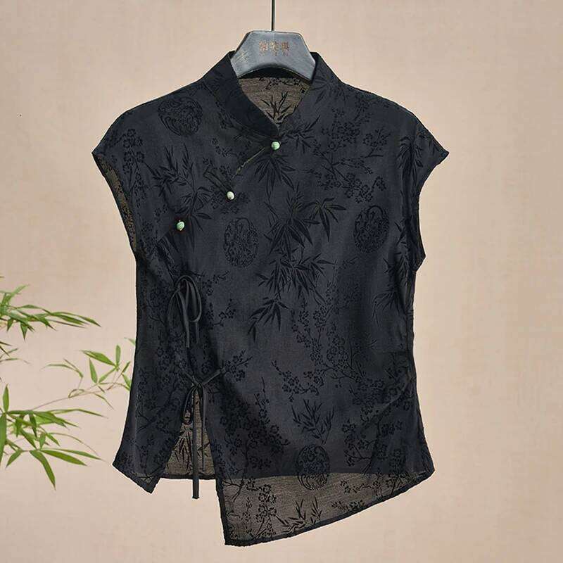 Retro Thin Shirt New Chinese Style Cheongsam Top Black Jacquard Short Sleeve T-Shirt Summer Mature Fashion Women's Clothing