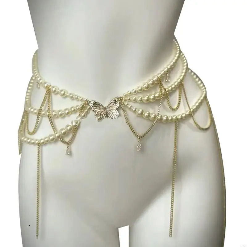 B2QE Stylish Layered Waist Chain Feature Tassels And Floral Pearls Charm Enhancing Outfit for Evening Gowns or Casual Outfit 250618