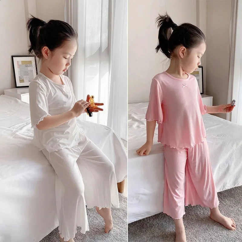 Girls Ice Silk Set Thin Children Homewear Clothes Summer Kids Air Conditioning Short Sleeve Children Sets Girl Pajamas Outfit 250617