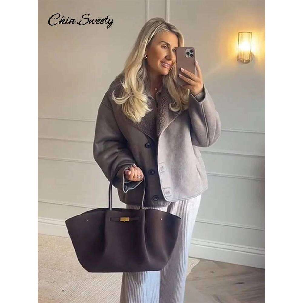 Vintage Women's Leather Loose Thick Warm Lapel Single Breasted Long Sleeve Fleece Jacket 2024 Fall Winter Street Outwear