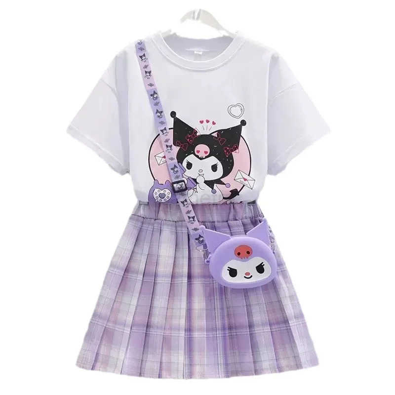 Sanrio Sanrio Childrens Suit For Girls Summer Cute Short Sleeve Tshirt + Pleated Skirt 2 PC Sets Casual Outfit Baby Kids ClothingXJ250618