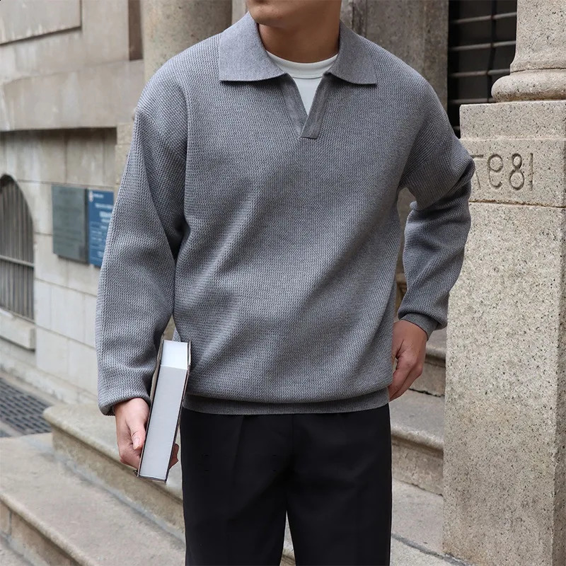 Fashion Solid Color Men Polo Kint Shirt Autumn Long Sleeve Turn-down V-neck Sweater Casual Jumper Tops Mens Knitwear Clothe 250617
