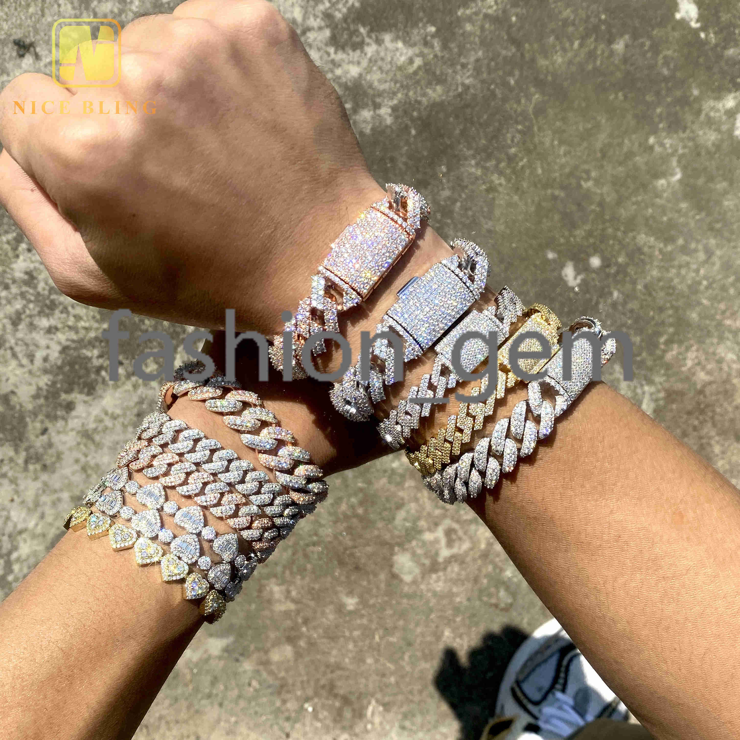 Hot Selling Hip Hop Style 925 Sterling Silver Iced Out Moissanite Diamond Cuban Link Chain Bracelets