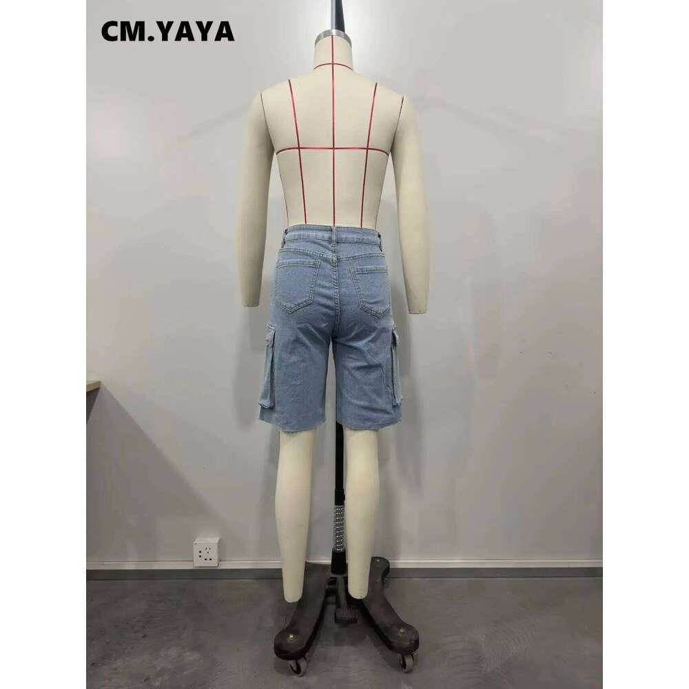 Wear Cm.Yaya Women Fashion Pocket Side Straight Knee Length Cargo Jeans Summer Party Street Short Pants