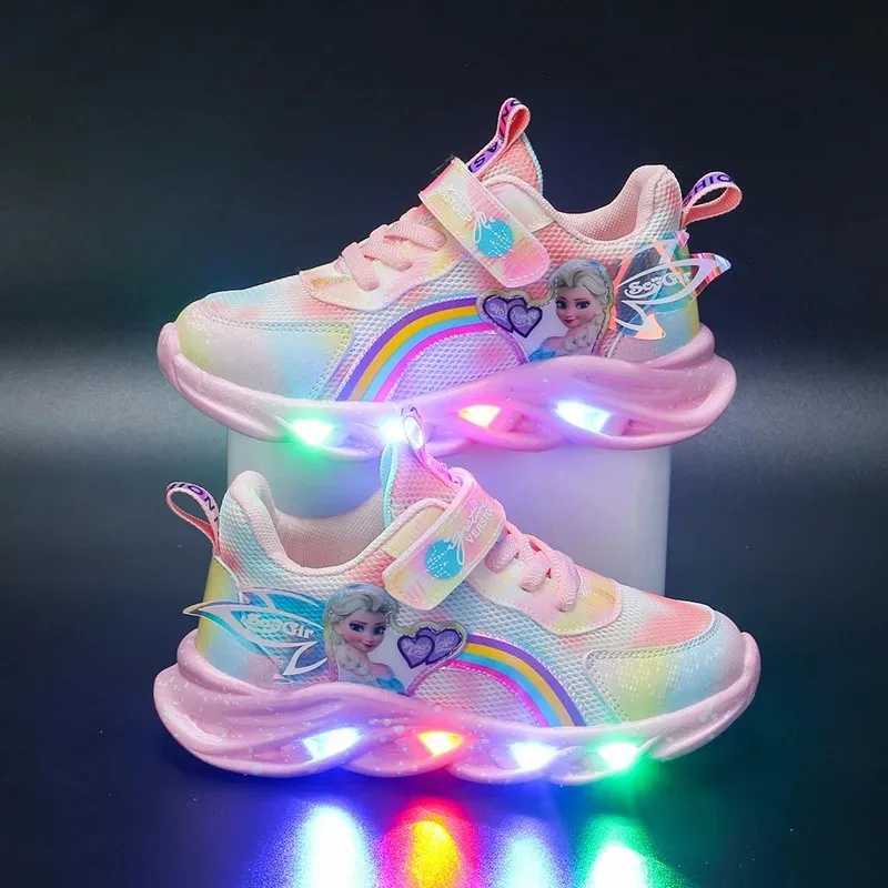 Girls Casual Shoes Led Lights Mesh Breathable CHIldrens Sports Princess Elsa Pink Purple Shoes Sneakers Size 22-35 Z250618