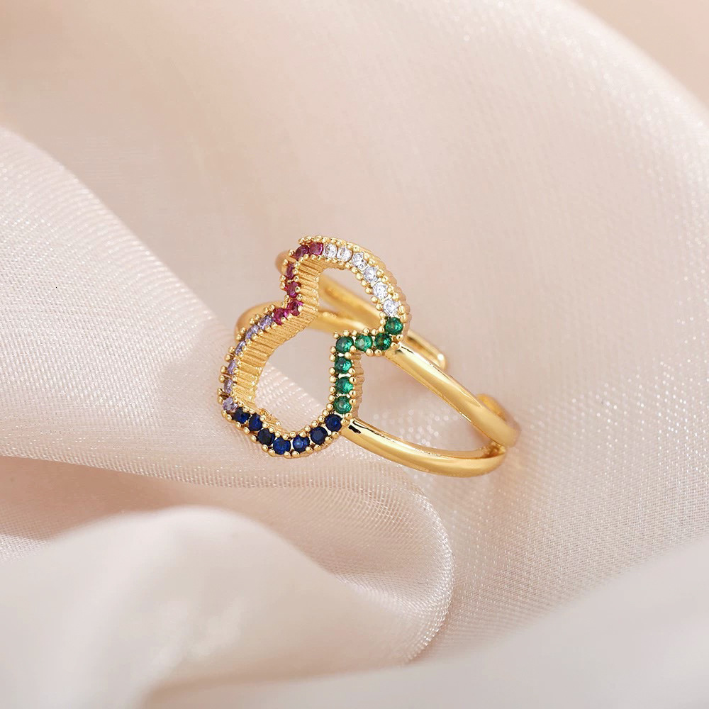 Hollow Out for Women Inlaid with Zircon and Colorful Diamonds Pastoral Style Internet Celebrity Light Luxury Fashion Ring Jewelry