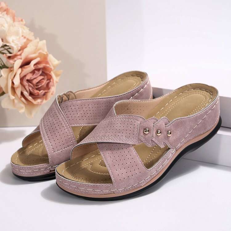 Wedge Flat Casual Slippers for Women 2024 New Cross Strap Solid Color Plus Size Versatile Shoes