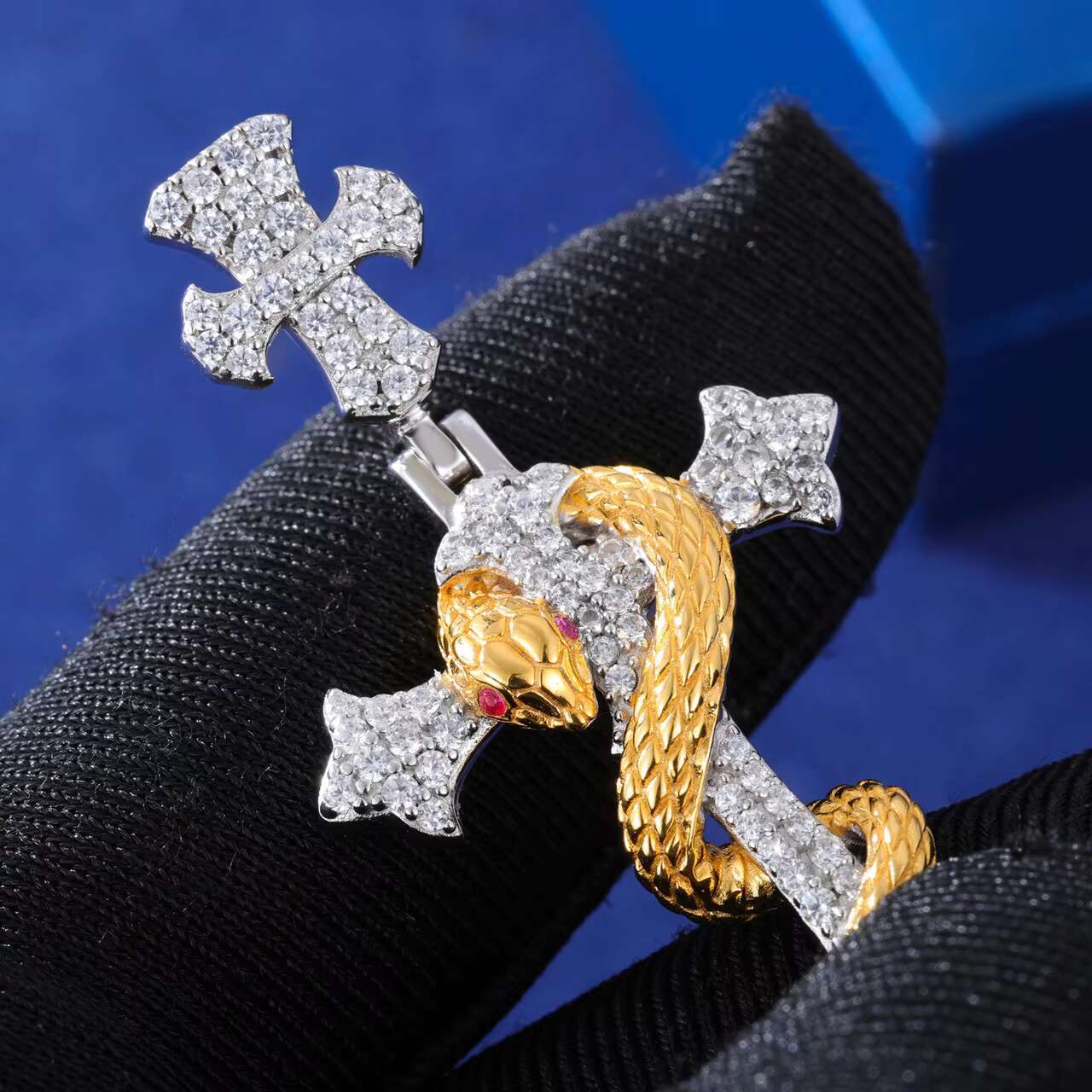 Luxury Mens Moissanite Necklace with Exclusive Solid 925 Sterling Silver Coral Snake Cross Pendant Unique Design
