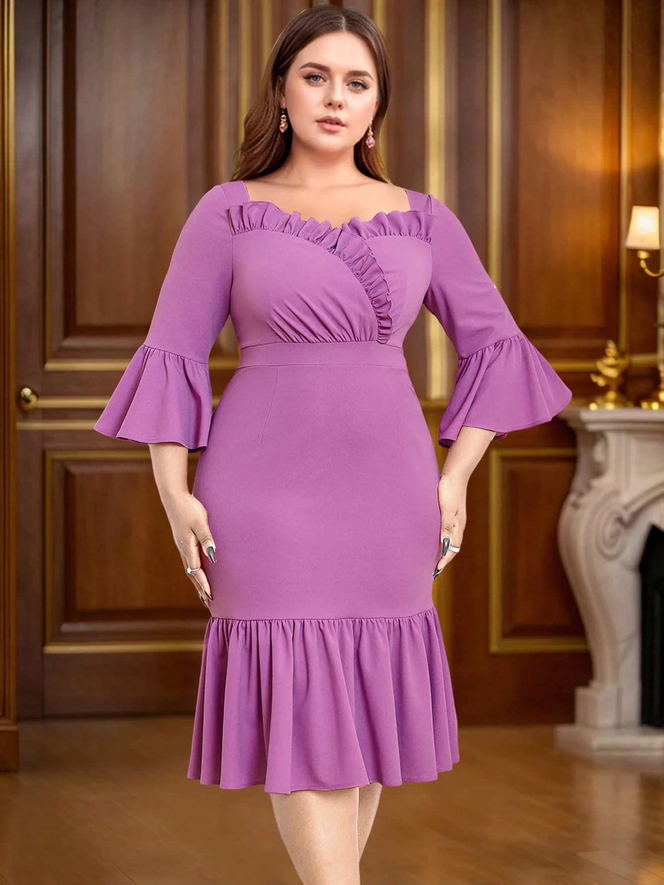 Women Sexy Bodycon Dress Ruffles 3/4 Flare Sleeves Party Vacation Prom Birthday Prom Event Gowns Plus Size