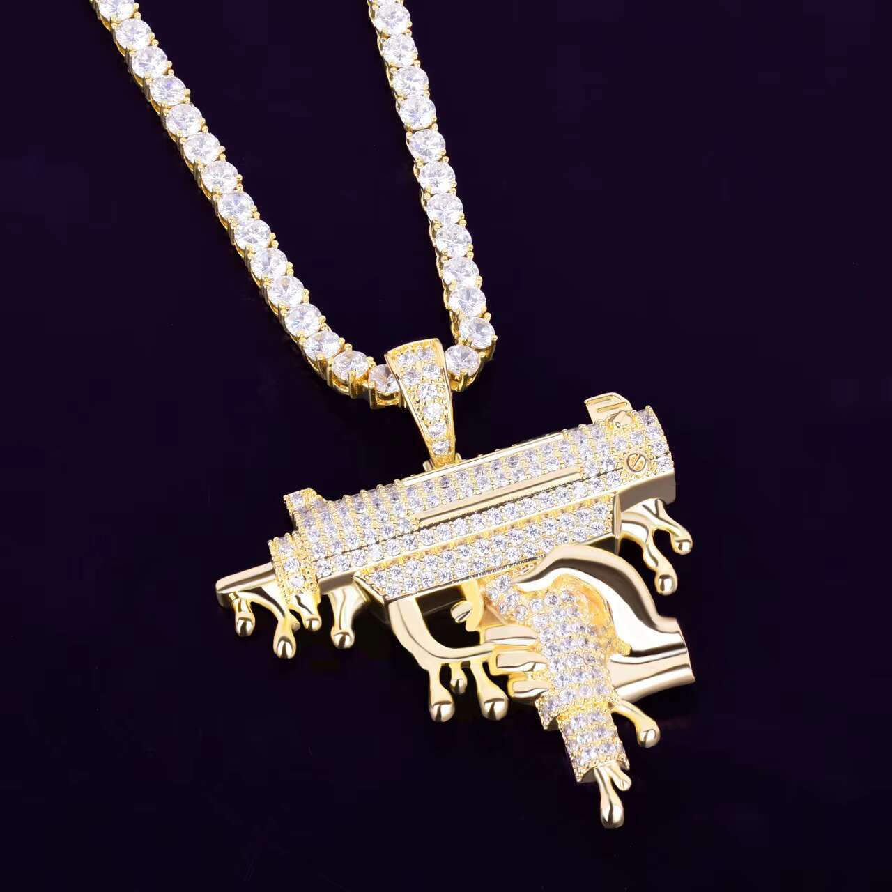 18K Rose Gold .925 Silver Hip Hop Pendant Hand Holding Dripping Uzi Machine Gun Moissanite Charm