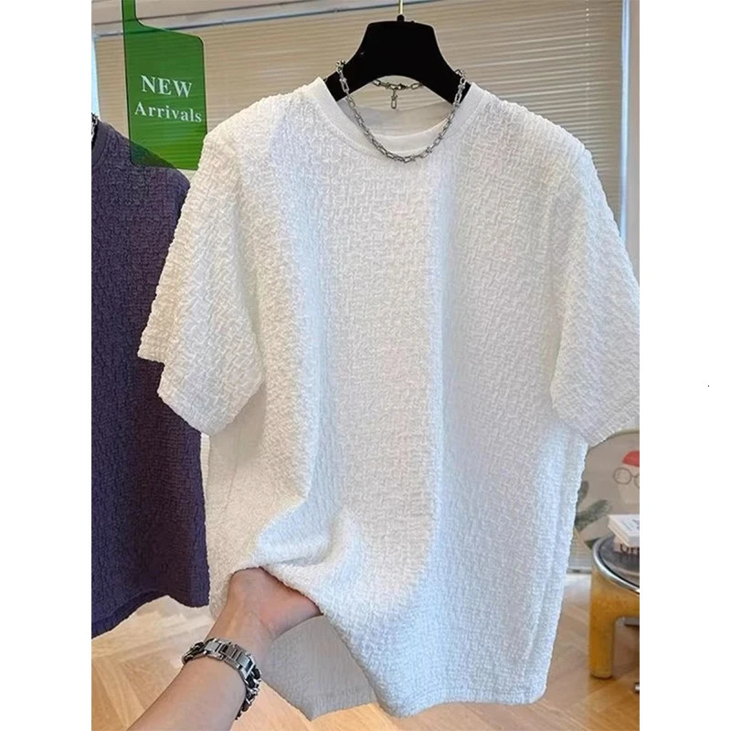 Korean Fashion Summer T-Shirts Mens O-neck Panelled Hollow Out Jacquard Weave Temperament Casual Loose Short Sleeved Knit Tops 250617