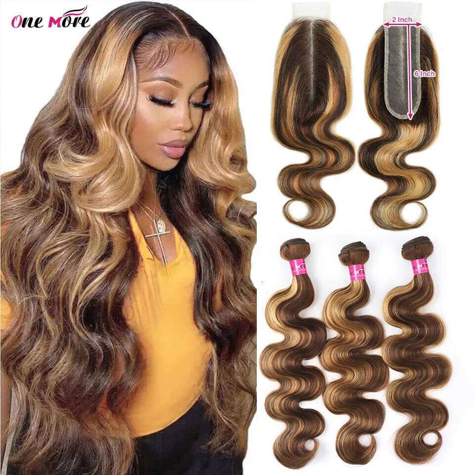 2x6 Honey Blonde Body Wave Ombre Colored Highlight Human Hair Bundles With Closure