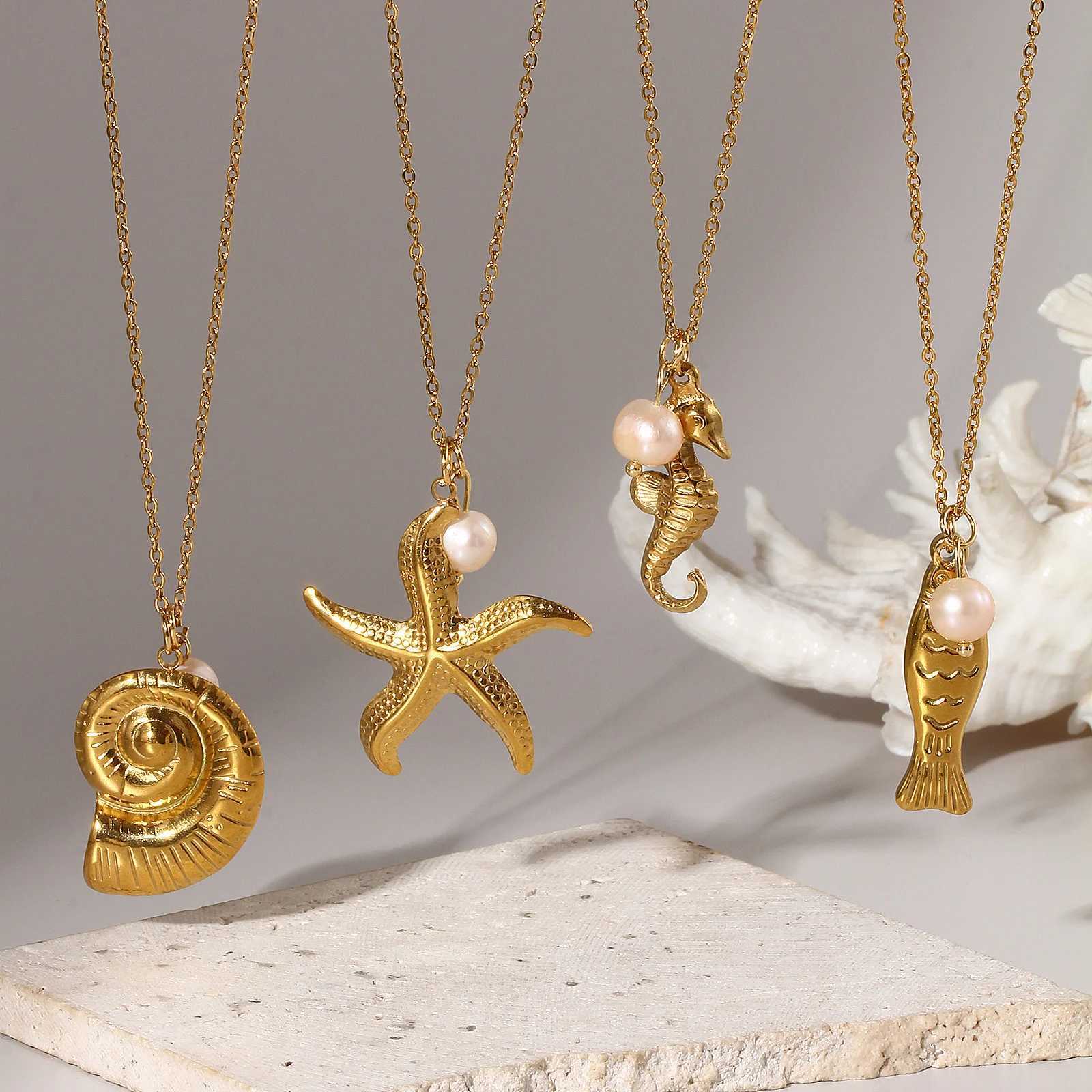 Ocean Jewelry 18K Real Gold Plated 304 Stainless Steel Natural Pearl Link Cable Chain Pendant Charm Necklace For Women Gift W250618