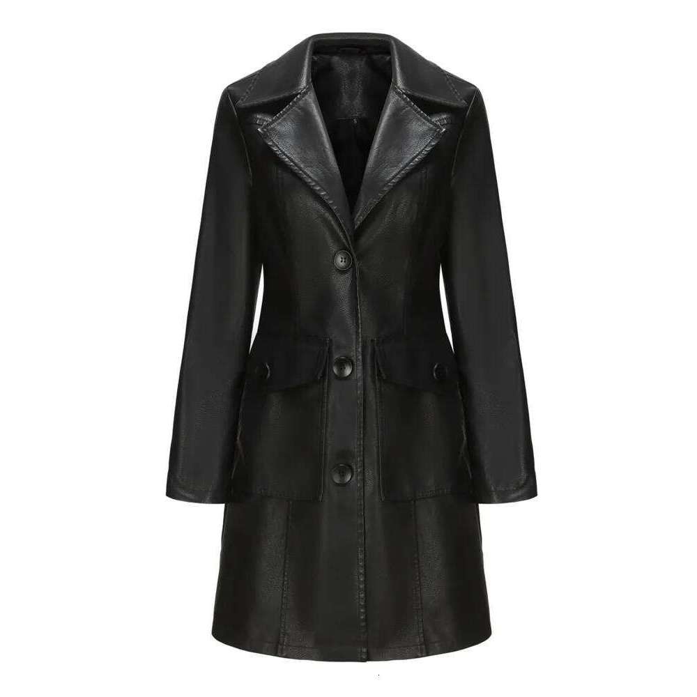 Autumn/Winter Stylish Outfit: Classic Long Black Leather Trench Coat for Ladies