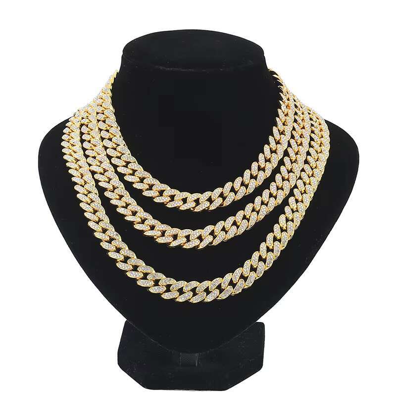 Mens Iced Out Miami Cuban Necklace - Hip Hop Rapper Bling Cuban Link Chain with Rhinestones Gold and Silver Plated Heavy Chain