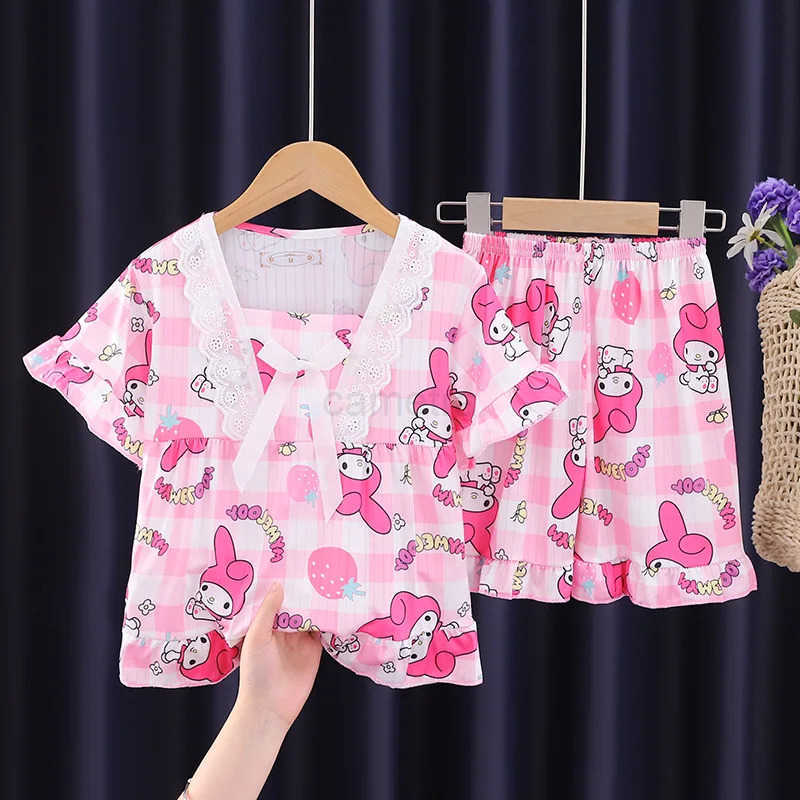 Sanrio Childrens Pajamas Short Sleeved Set Little Girl Pit Stripe Short Sleeved Shorts Kuromi Little Girl Home Clothing Summer Clot XJ250618XJ250618