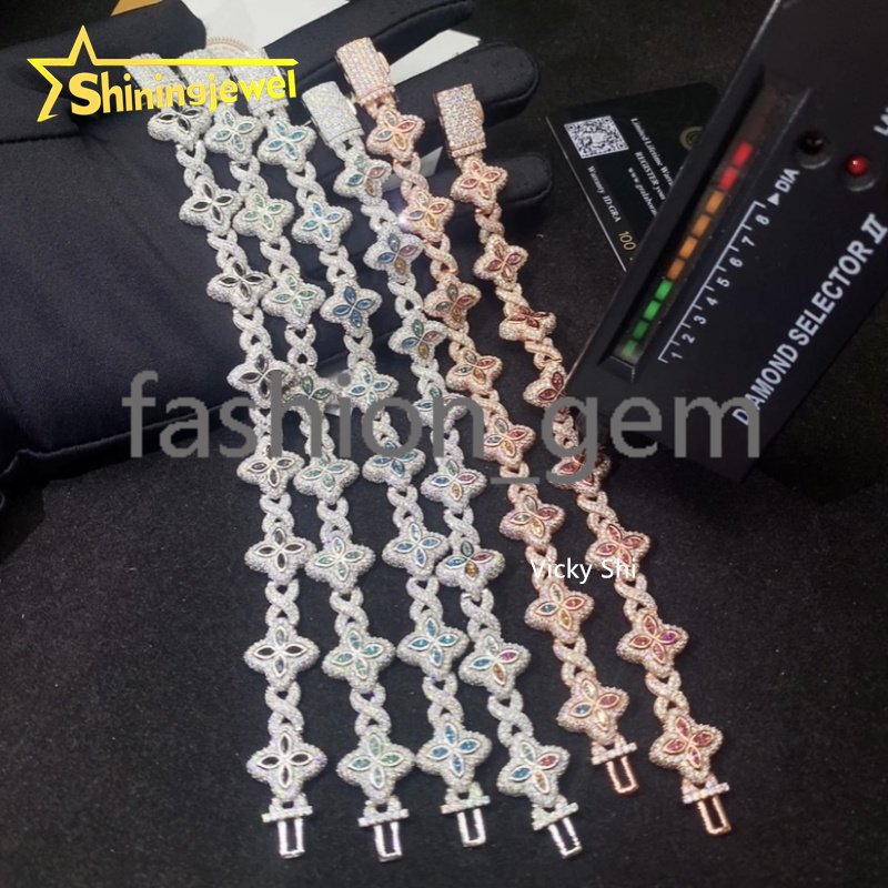Hot Sell 15MM 925 Sterling Silver Infinity Colored Clover Moissanite Bracelet Iced Out Men Bracelet Moissanite Hip Hop Jewelry