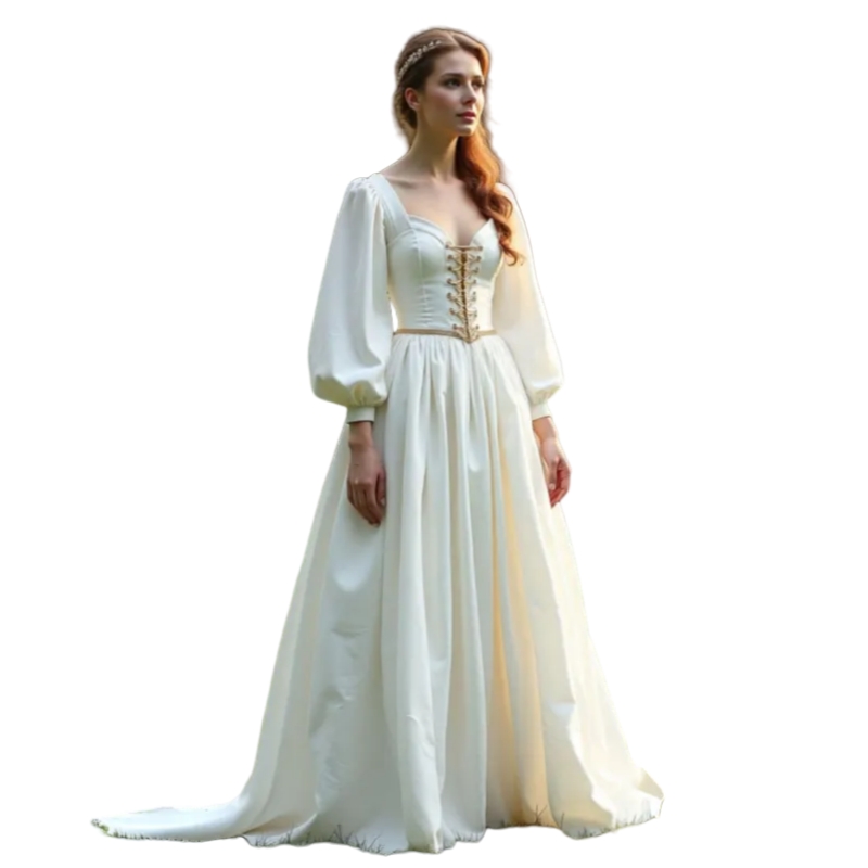 Simple Satin A-Line Medieval Wedding Dresses Corset Bodice with Lace-Up Back Long Sleeves Fantasy Ivory Renaissance Bridal Gown Customized