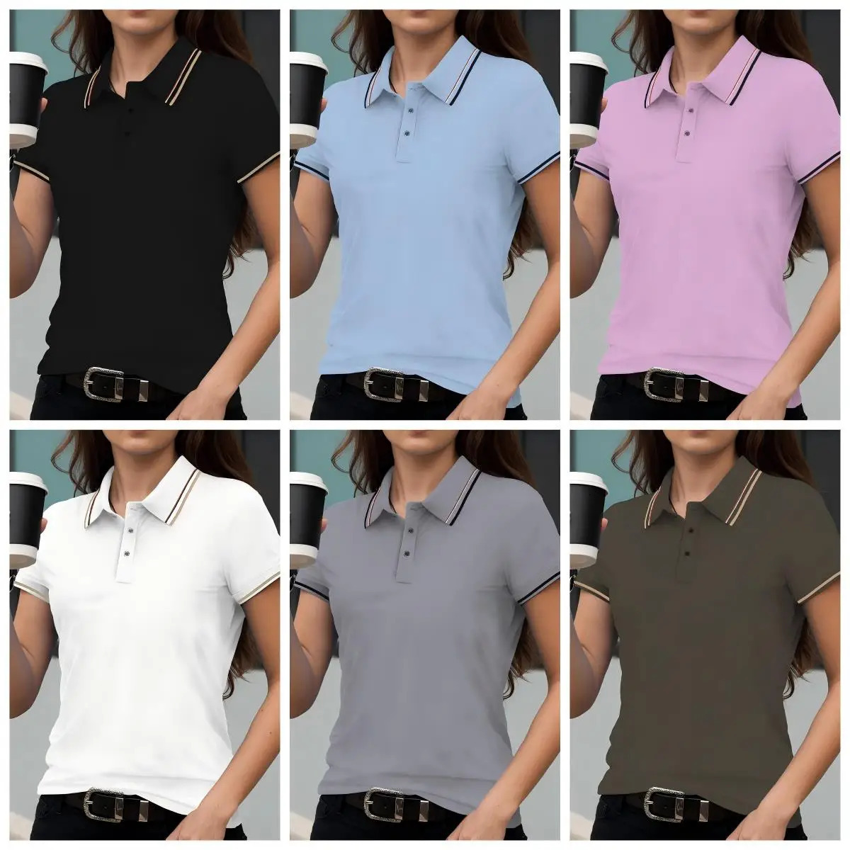 Summer Solid Color Women Stripe Polo Shirts Sport Culture T-Shirts Collar Soft Streetwear All-Match Casual Woman Short Sleeve 250617