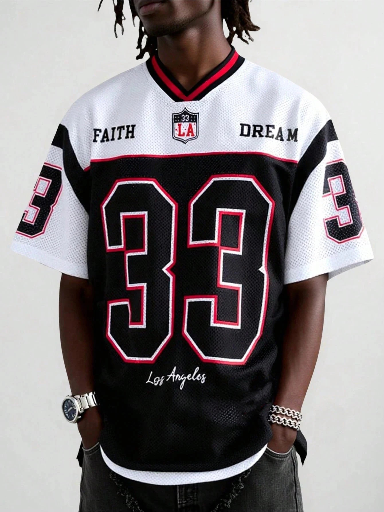 MenS Mesh Fabric Jersey TShirt VNeck Loose And Trendy Street Wear HipHop Rock Tee Los Angeles Digital Printed Top 250616