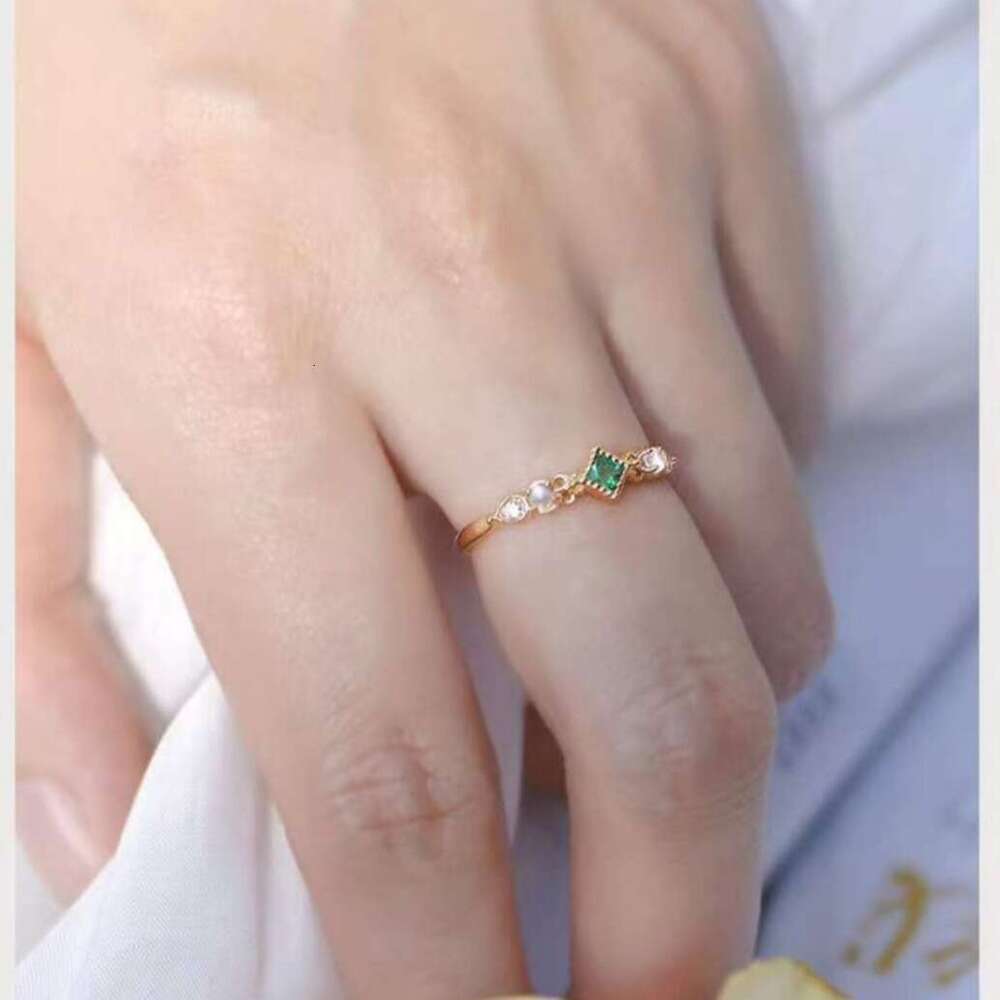 Spring Banquet High Imitation Natural Emerald Zircon Moonstone Fashion Light Luxury Versatile Thin Band Finger Tail Ring