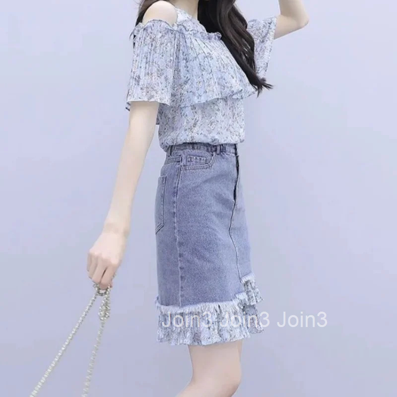 Short Sleeve Skirt Womens Two Piece Set Kawaii Female Outfits Printing Denim Chic and Elegant Jacket Full Summer Fashion 2025