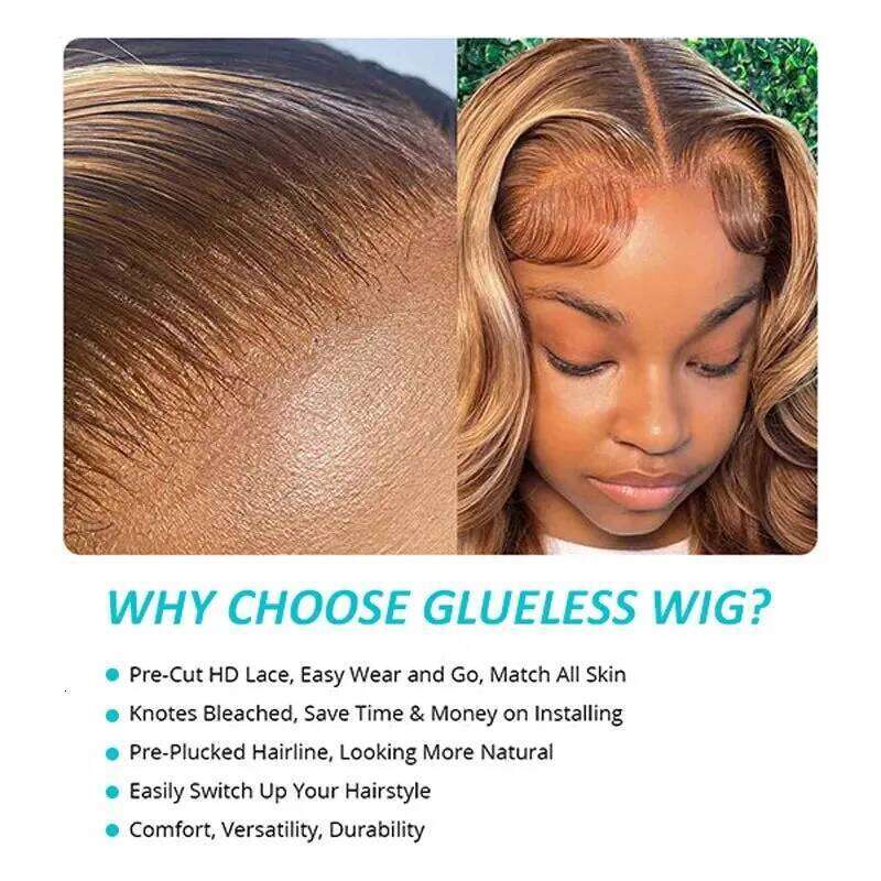 Wear and Go Glueless Human Hair 5x5 Lace Closure Ombre Highlight Body Wave 180% 4/27 Colored Wig for Beginners