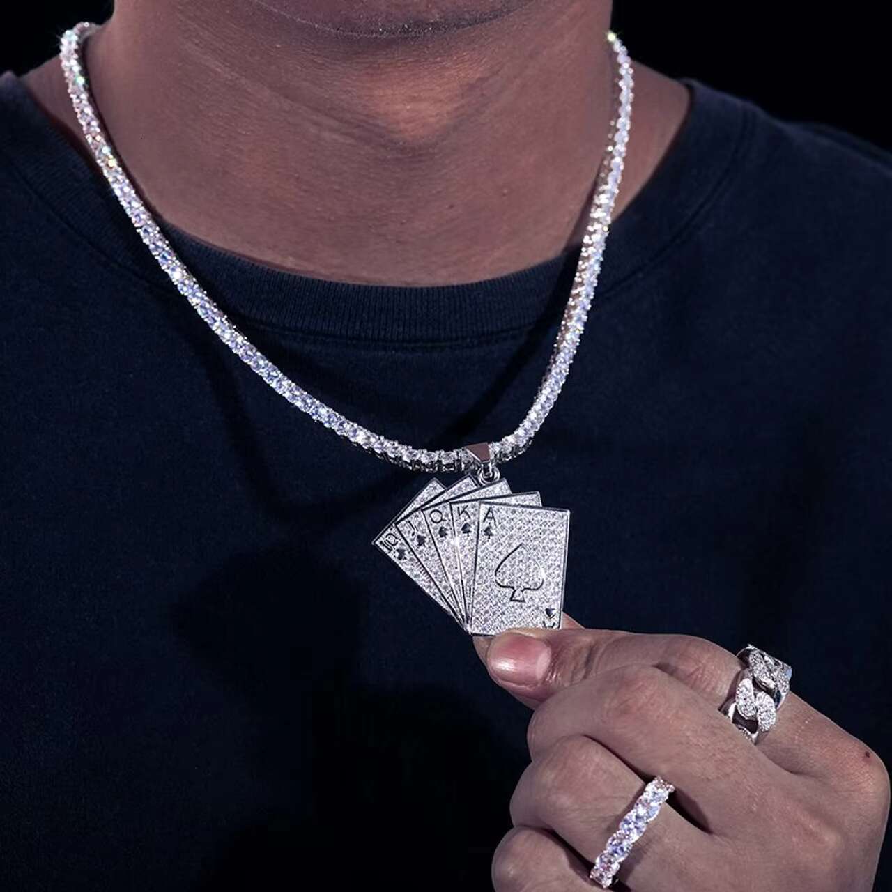 Custom 925 Sterling Silver Royal Flush Poker Pendant Necklace VVS Moissanite Iced Out Jewelry in Hip Hop Style Custom