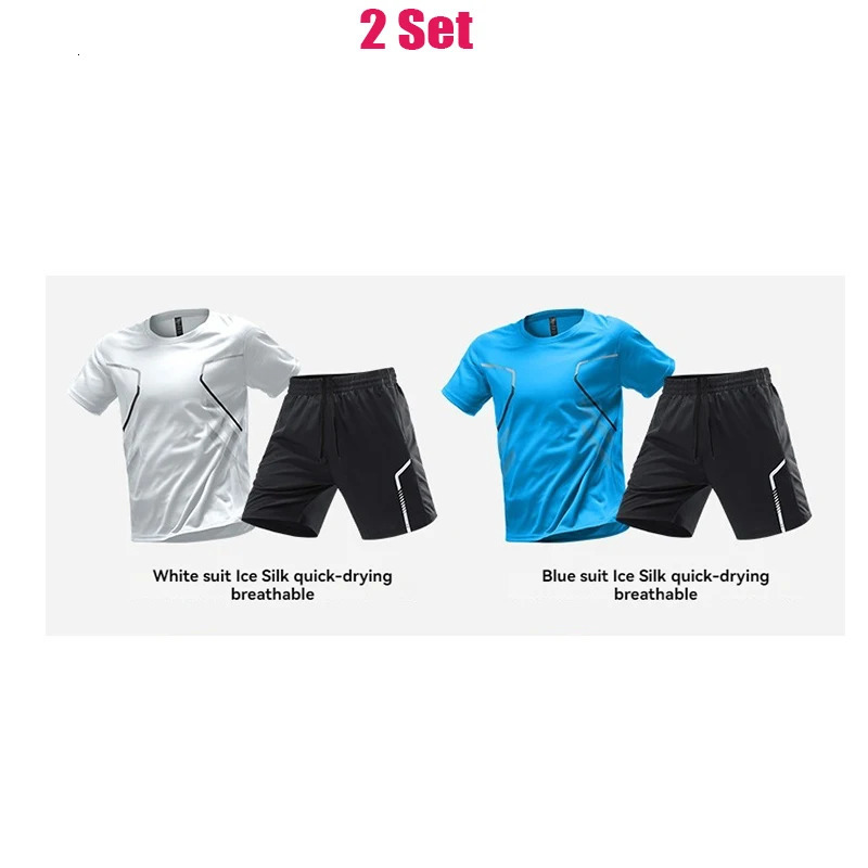 Tracksuit Suit Men Ice Silk Running Quick Dry Shirt Short Sleeve Summer Thin Shorts Fitness Training Wear Ball 250617