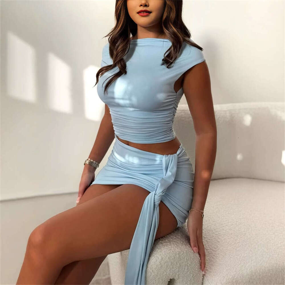 Autumn New Solid Color Fashion Asymmetric Neck Short Vest Top With Ribbon Elegant Bodycon Skirt Set B5