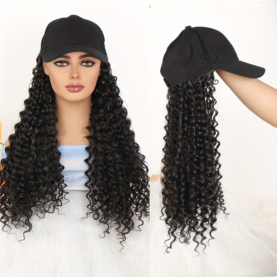 Afro-Style Long Curly Black Baseball Cap Wig All-in-One Small Spiral Noodle Curls Natural-Looking Synthetic Wig - In Stock