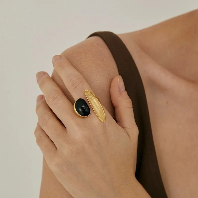Natural black agate asymmetrical irregular French vintage open rings finger accessory 250618